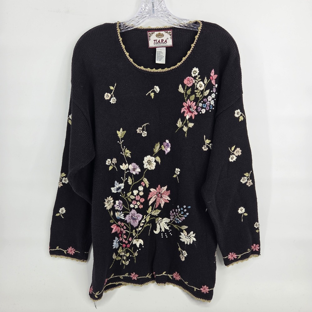 Tiara International Sweater L Black Vintage Floral Embroidered Beaded Boho Knit